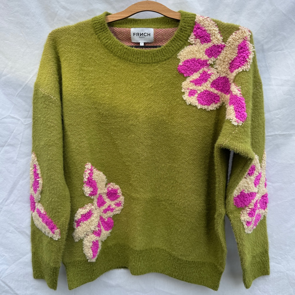 Frnch Green Sweater With Pink Floral Accents